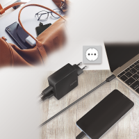 Dubbele USB-stroomadapter, 1x USB-C (PD), 1x USB-A, 65 W, zwart