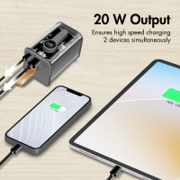 Powerbank 20000 mAh, 1x USB-A, 1x USB-C, met display, PD & QC, transp.