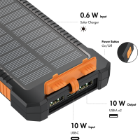 Solar powerbank 8000 mAh, zaklamp, 2x USB-A, oranje-zwart