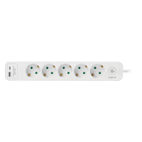 Stopcontact 5-voudig + schakelaar, 5x CEE 7/3, 1x USB-A, 1x USB-C, 1,5 m, wit