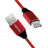 USB 2.0 Type-C kabel, C/M naar USB-A/M, stof, rood, 0,3 mtr