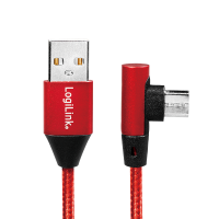 USB 2.0-kabel, USB-A/M naar Micro-USB/M 90°, stof, metaal, rood, 0,3 mtr