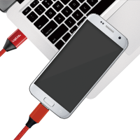 USB 2.0-kabel, USB-A/M naar Micro-USB/M, stof, metaal, rood, 0,3 mtr