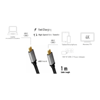 USB 3.2 Gen2 Type-C kabel, C/M naar USB-C/M, E-mark, PD, 4K, alu, zwart/grijs, 1 mtr