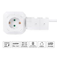 4-voudige oplaadkubus, 4x stopcontact, 1x USB-C PD 20W, 1x USB-A QC 18W, wit