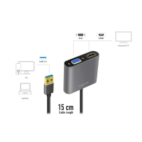 USB 3.0-adapter, USB-A/M naar HDMI-A/F + VGA/F, 1080p, zwart, 0,15 mtr