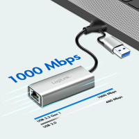 USB-C naar Gigabit Ethernet-adapter met 2-in-1 USB-aansluiting, grijs