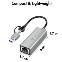 USB-C naar Gigabit Ethernet-adapter met 2-in-1 USB-aansluiting, grijs