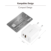 Dubbele USB-stopcontactlader, 20 W, GaN, 1x USB-C (PD), 1x USB-A, wit