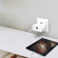 Dubbele USB-stopcontactlader, 20 W, GaN, 1x USB-C (PD), 1x USB-A, wit