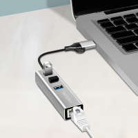 USB 3.2 Gen 1 hub, 3x USB-A, 1x RJ45, 2-in-1 verbindingskabel, zilver