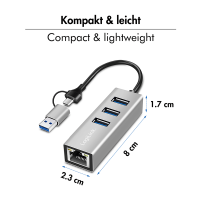 USB 3.2 Gen 1 hub, 3x USB-A, 1x RJ45, 2-in-1 verbindingskabel, zilver