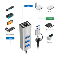 USB 3.2 Gen 1 hub, 3x USB-A, 1x RJ45, 2-in-1 verbindingskabel, zilver
