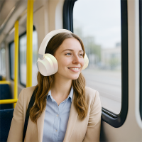 BT 6.0 Sound Wave-headset, ANC, 3,5 mm AUX, 15 uur batterijduur, crème